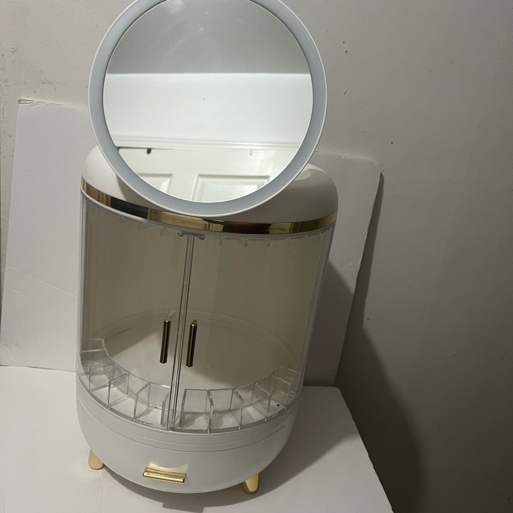 Chic White and Gold Makeup Organizer with Mirror